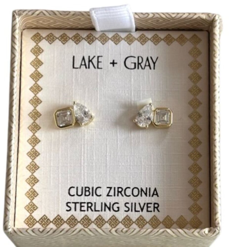 NWT Lake + Gray Moi Et Toi CZ Gold Over Sterling Silver Stud Earrings
